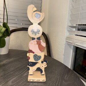 HANDPAINTED WOOD STACK OF Animals Signed Vtg Chicken Pig Sheep Cow Duck 13"